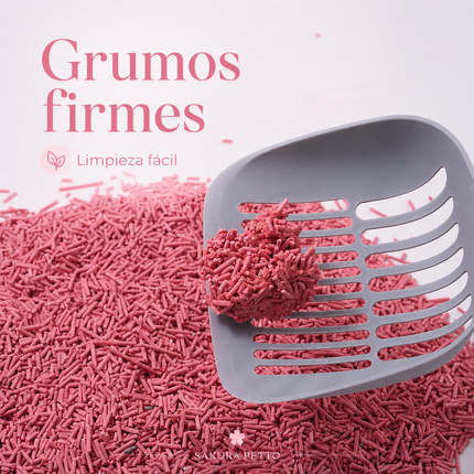 Limpieza fácil con arena de tofu de color rosa sabor fresa o durazno, mostrando que no se pega al fondo del arenero