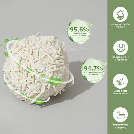 Infografía de la arena de tofu SAKURA PETTO que detalla su absorción rápida, aglomeración en 3 segundos, doble efecto desodorizante y compatibilidad con el inodoro.