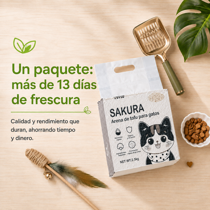 Arena de tofu para gatos SAKURA PETTO que ofrece más de 13 días de frescura, calidad y rendimiento que duran, ahorrando tiempo y dinero.