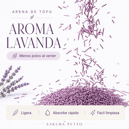 Arena de tofu SAKURA PETTO aroma a lavanda, destacada por ser ligera, de rápida absorción y fácil limpieza.