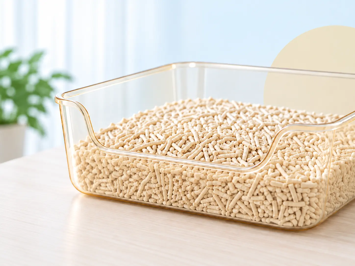 Plant-based tofu cat litter pellets in a yellow litter tray