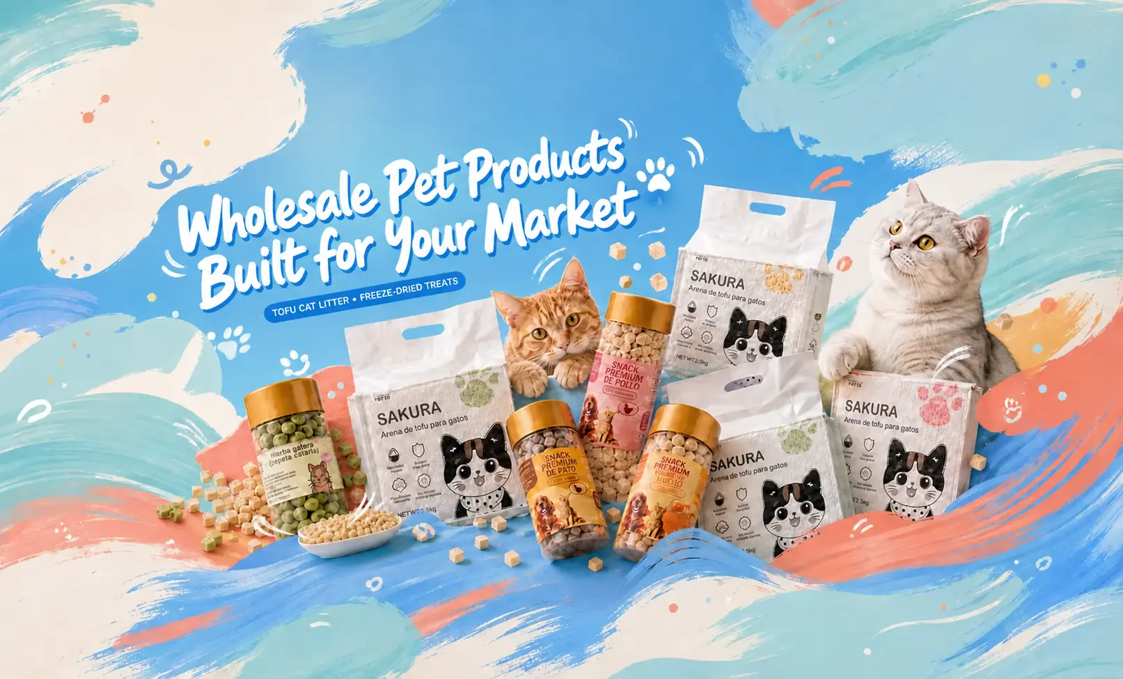 Wholesale Pet Products Built for Your Market. Sakura Petto tofu cat litter and freeze-dried pet treats.