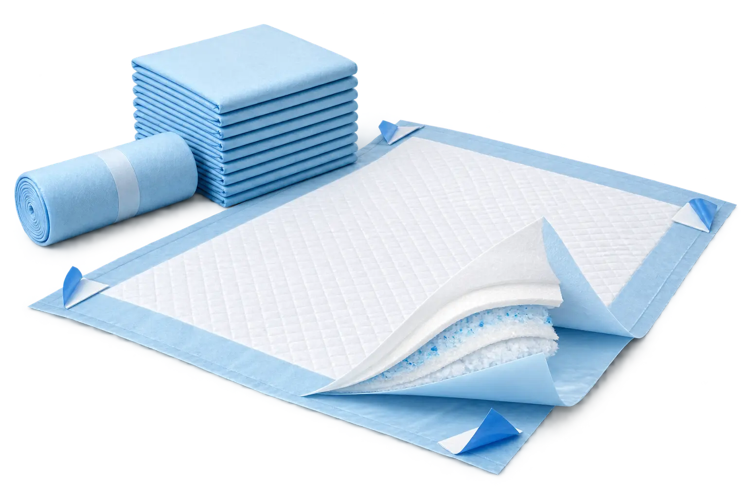 Disposable pet training pads with visible absorbent layers and four corner adhesive tabs